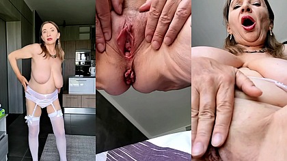 White lingerie, stockings, huge tits and mature pussy close up play