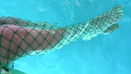 Green Fishnet Tights Underwater in the Pool