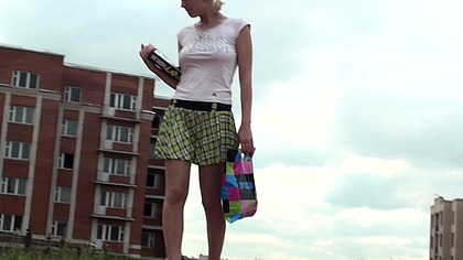 Blonde School Girl In Plaid Miniskirt Wearing Pantyhose No Panties On Spreading Legs On Bench