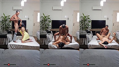 O marido corno foi trabalhar e a esposa o traiu. The cuckold went to work and his wife cheated on him.