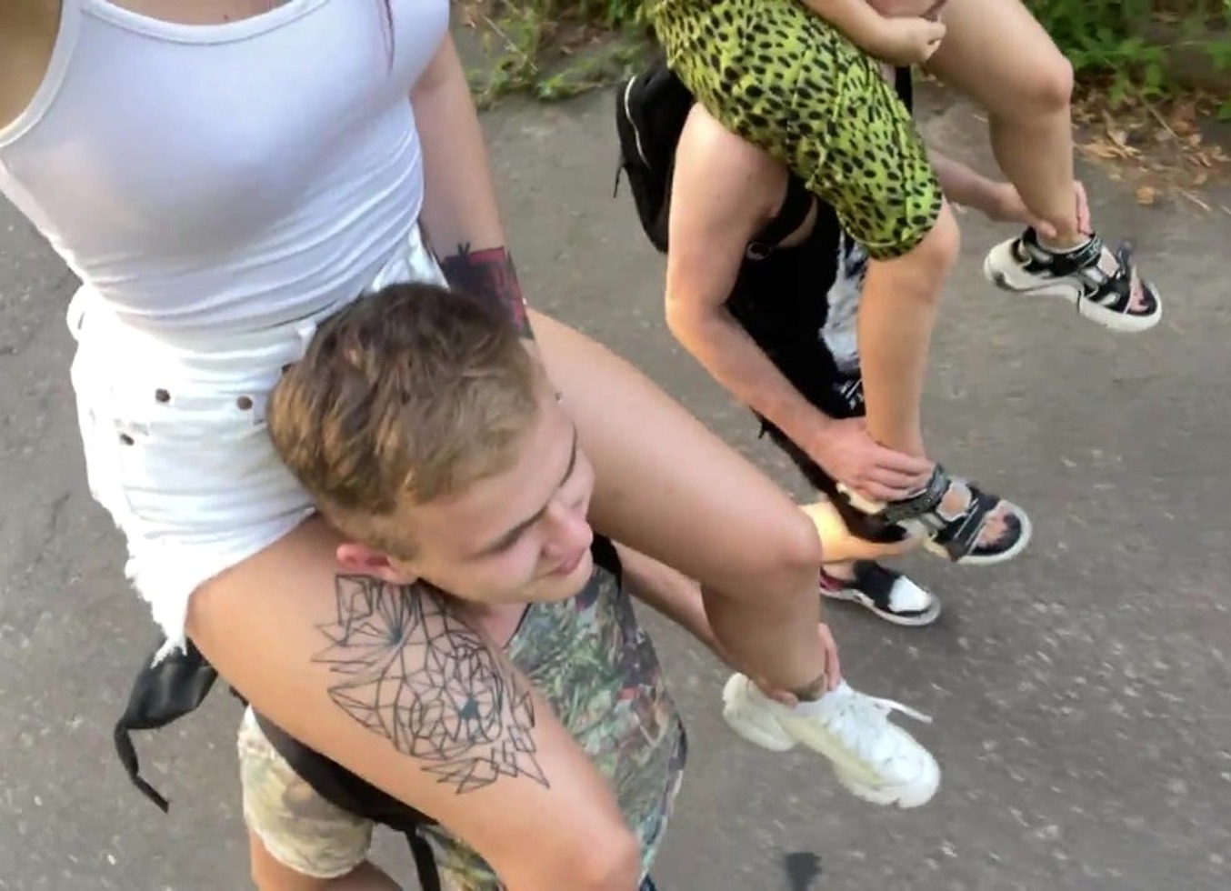 Double Shoulder Riding Outdoor First Time with Mistresses Kira and Sofi