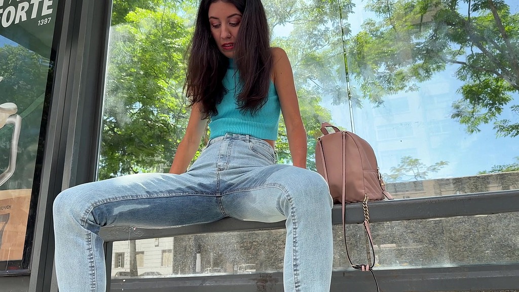 wetting jeans on public bus stop desperation pee (Katty West) wetting jeans on public bus stop desperation pee (Katty West)