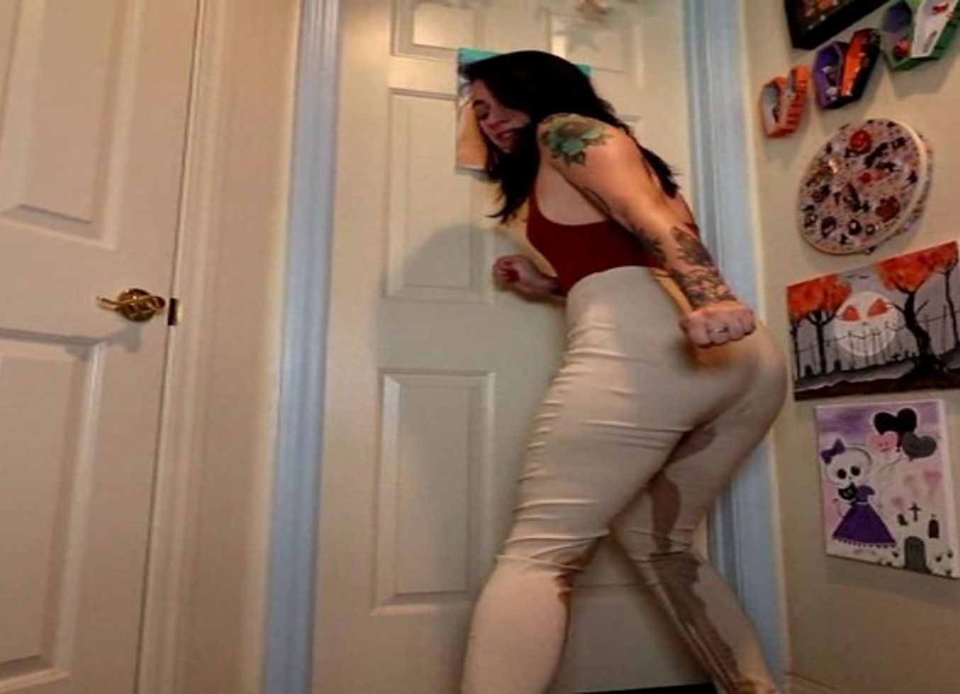 Mia Hope Pissing Her Dress Pants Outside Bathroom