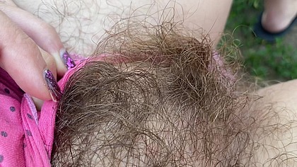 Closeup hairy pussy in panties outdoor huge bush