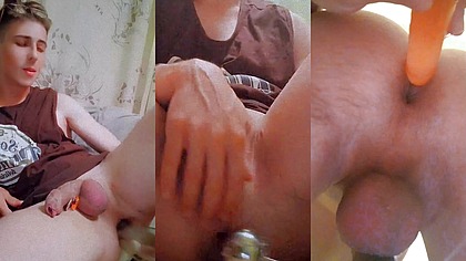 A handsome guy gets pleasure when he thrusts a flip-flop completely into his fucked-up anal