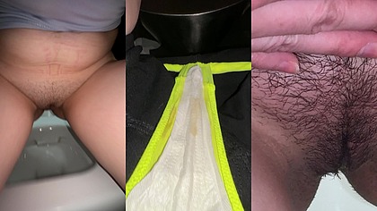 COMPILATION Peeing in a public restroom close-up and showing a panty liner with wet discharge. Worn panties