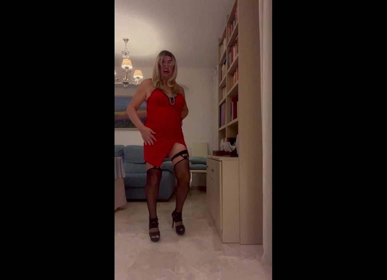 Daniela Monroe TV Spanish Transsexual with Red Dress, Heels, Lingerie, Garter Belt Masturbates and Cums in the Living Room with Abundant Cum, Anal