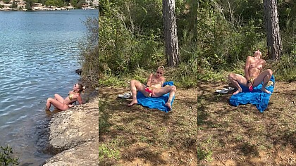 Je m'exhibe et je me gode en vacances au bord d'un lac