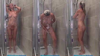 Blonde goes to shower using her new anal plug