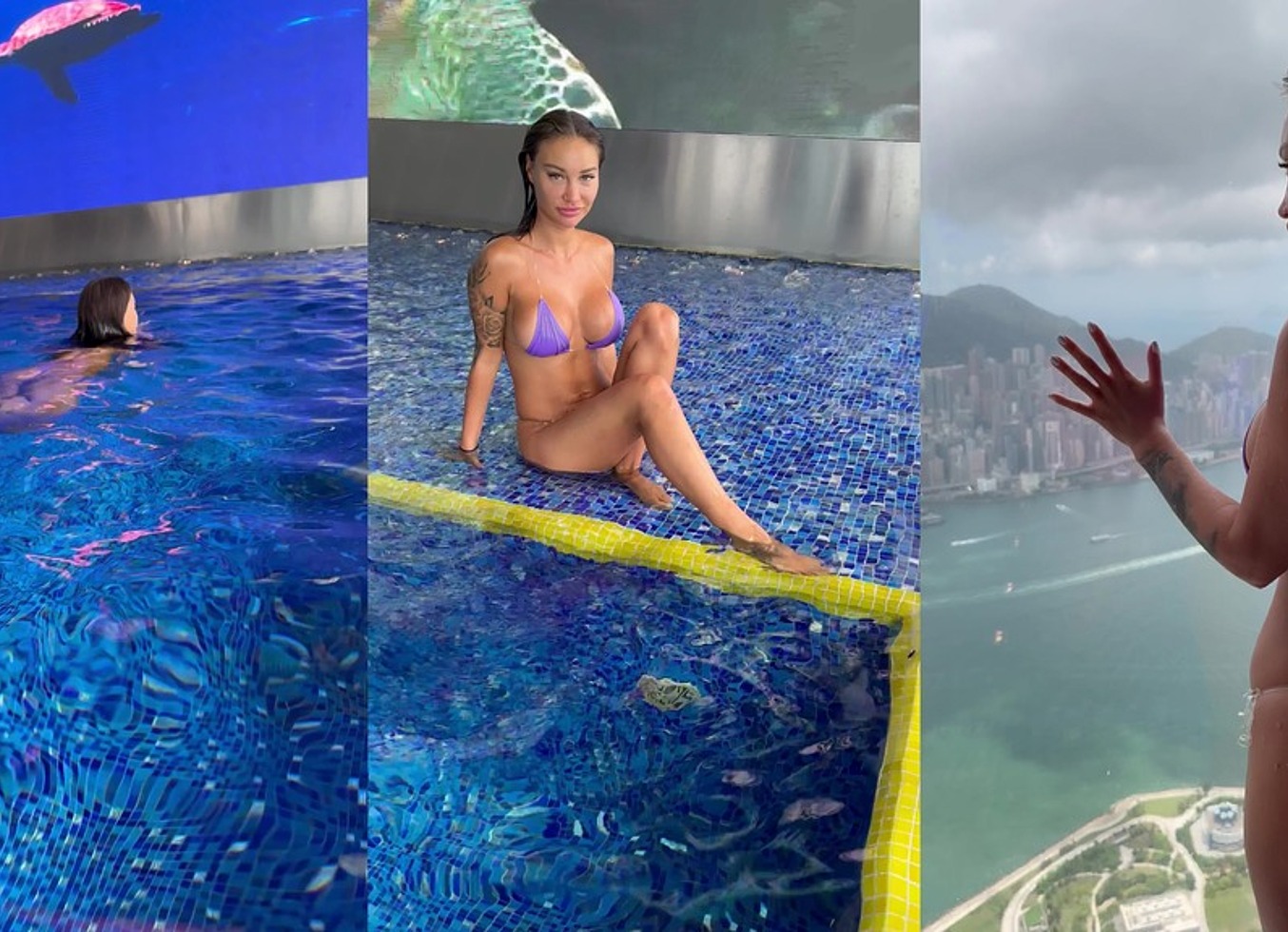 Monika Fox in Purple Bikini Swims in Pool & Poses by Window Against Background of City