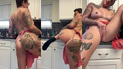 Horny big tit step mom fingers pussy in kitchen