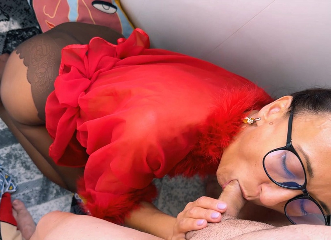 Karina Fox Sucks Cock In Black French Cut Pantyhose