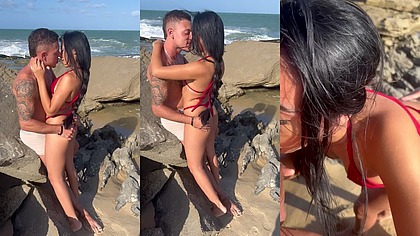 Dotado levou a novinha pra praia e fudeu ela na frente do marido