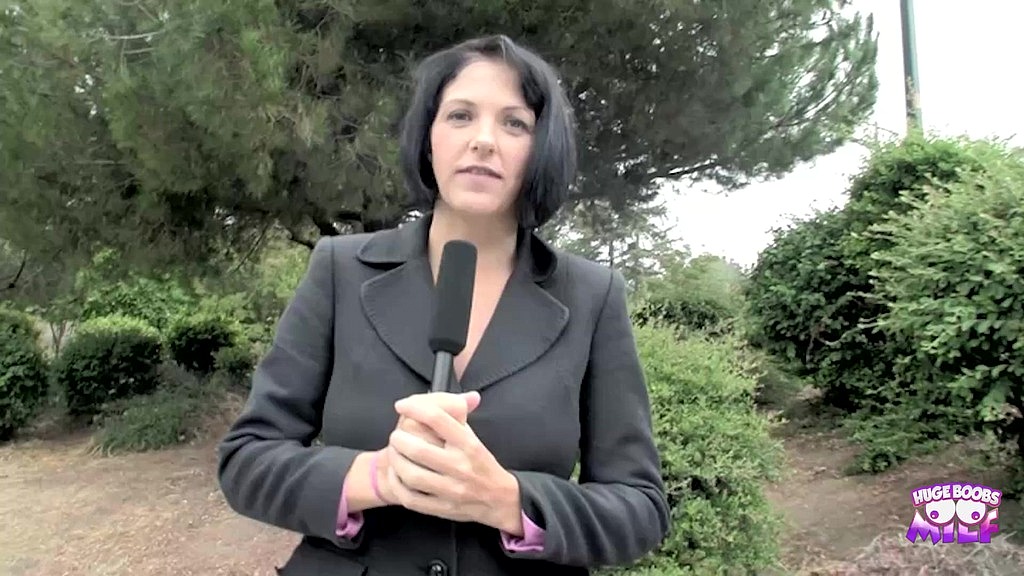 Stunning black haired reporter ends up fucking a muscular man in her stockigns doggy style