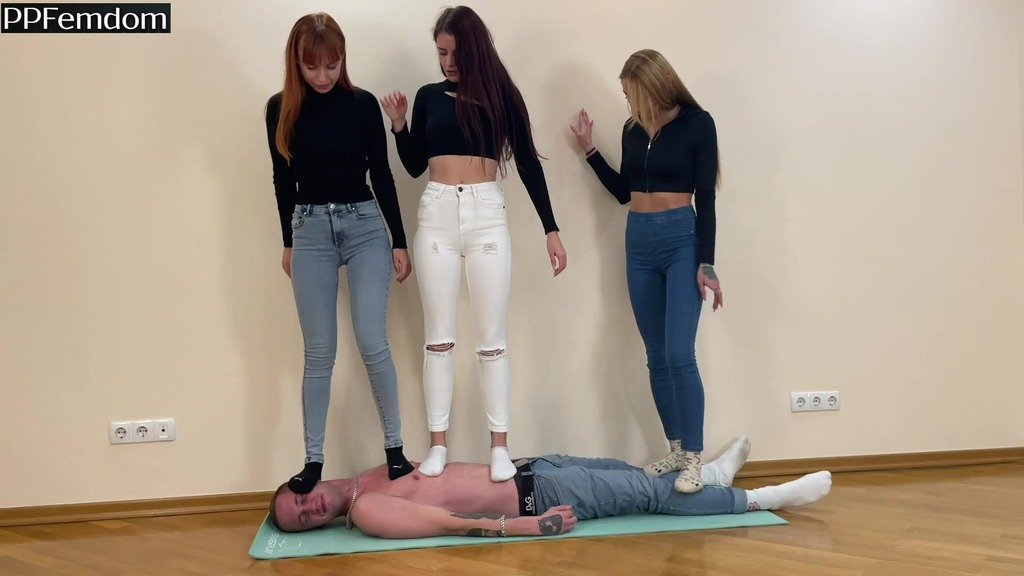 triple full weight trampling femdom with mistresses kira, sofi and agma