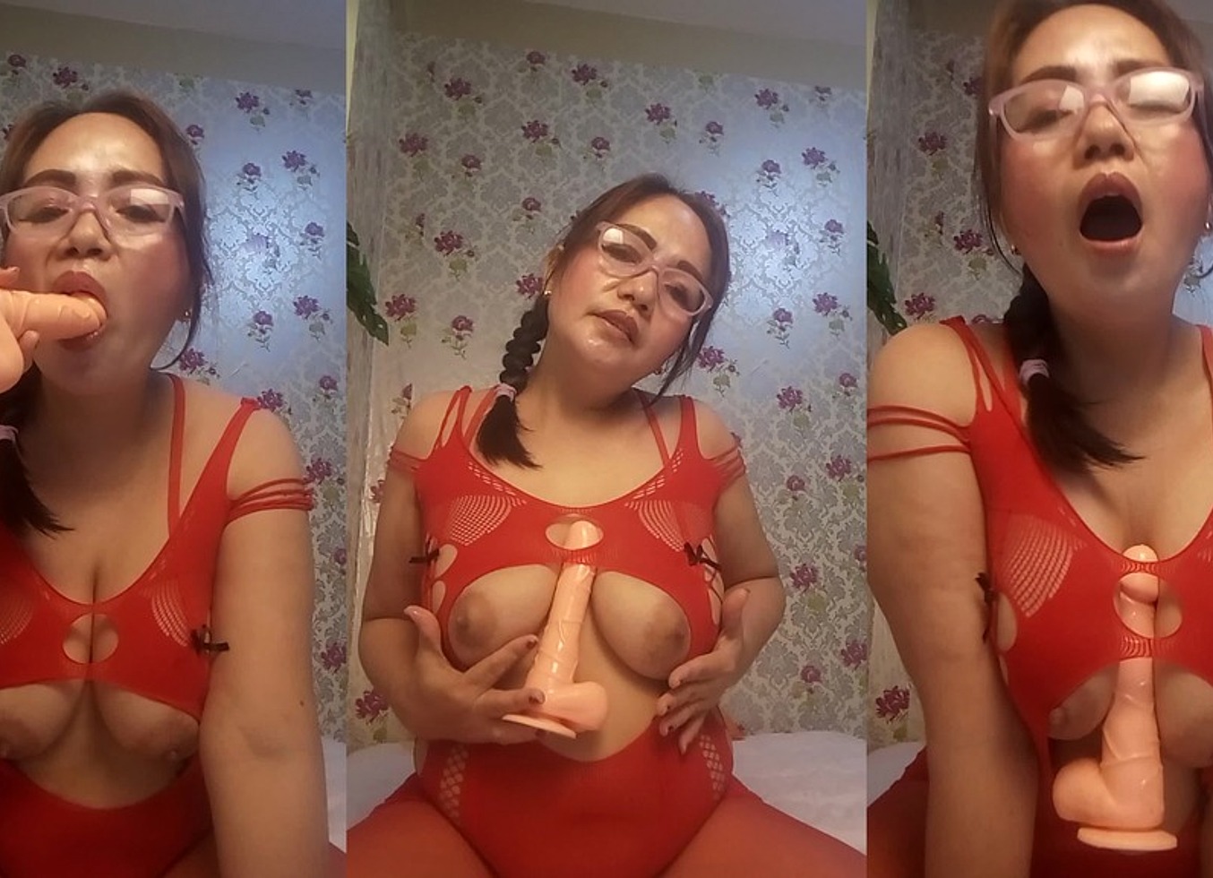 Scorpiotinna Masturbates With A Dildo In Her Red Fishnet Stockings And Fishnet Dress
