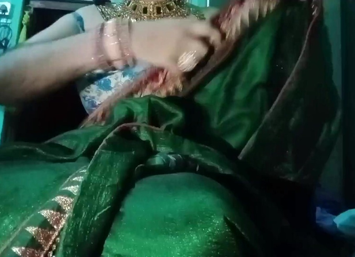 Indian Gay Crossdresser Gaurisissy Pressing His Boobs So Hard And Enjoying In Green Saree