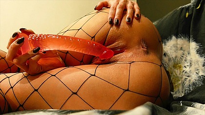 Sexy Babe in Fishnet Pantyhose Masturbate Wet Pussy Dildo Toy Closeup