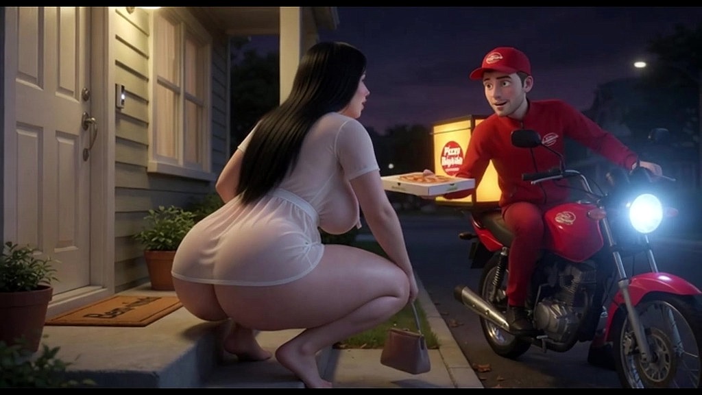 curvy woman in translucent white outfit talks to pizza delivery guy at her front door at night (ai generated) () curvy woman in translucent white outfit talks to pizza delivery guy at her front door at night (ai generated) ()