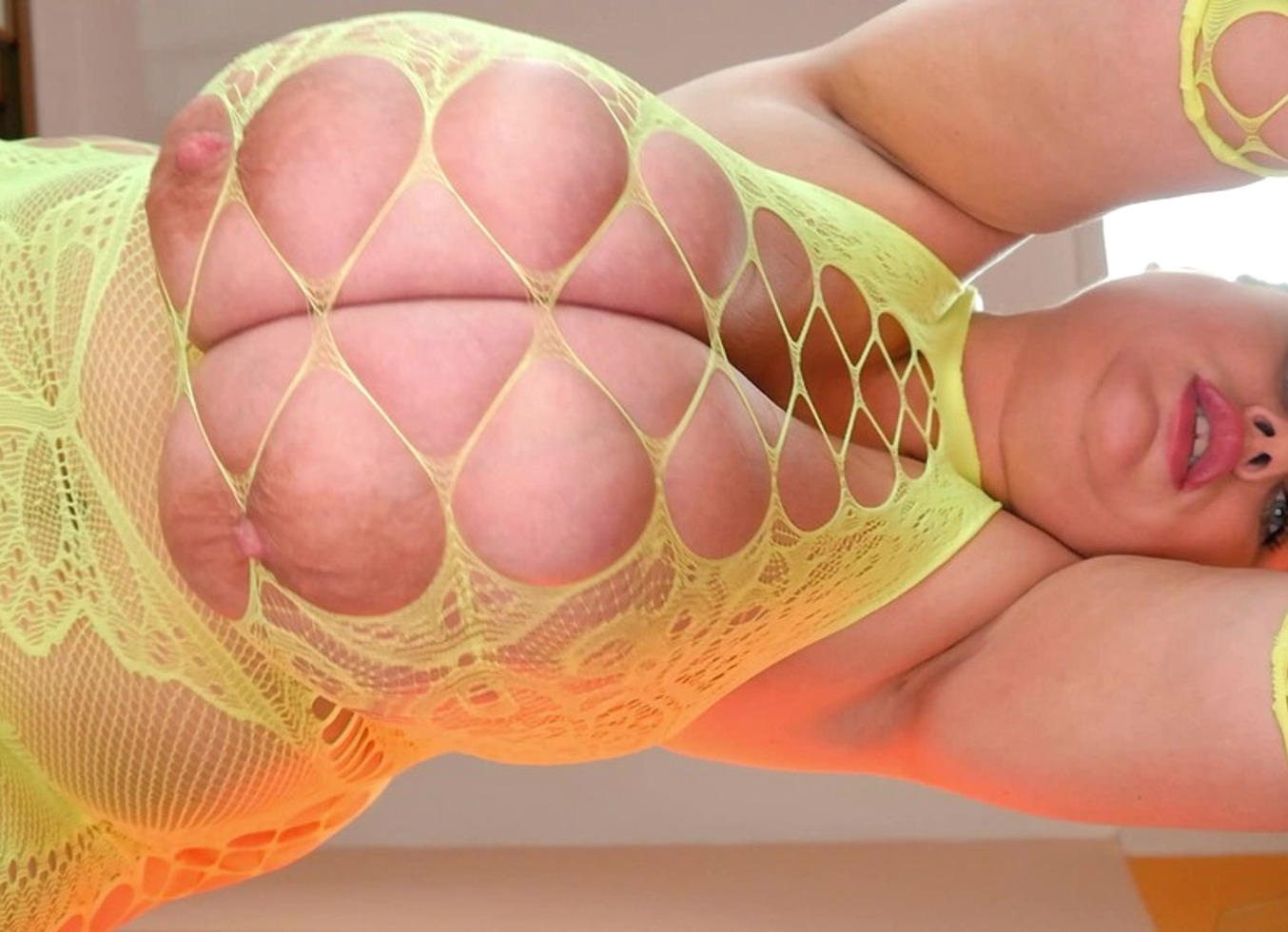 Huge Boobs In Fishnet Dress From Below
