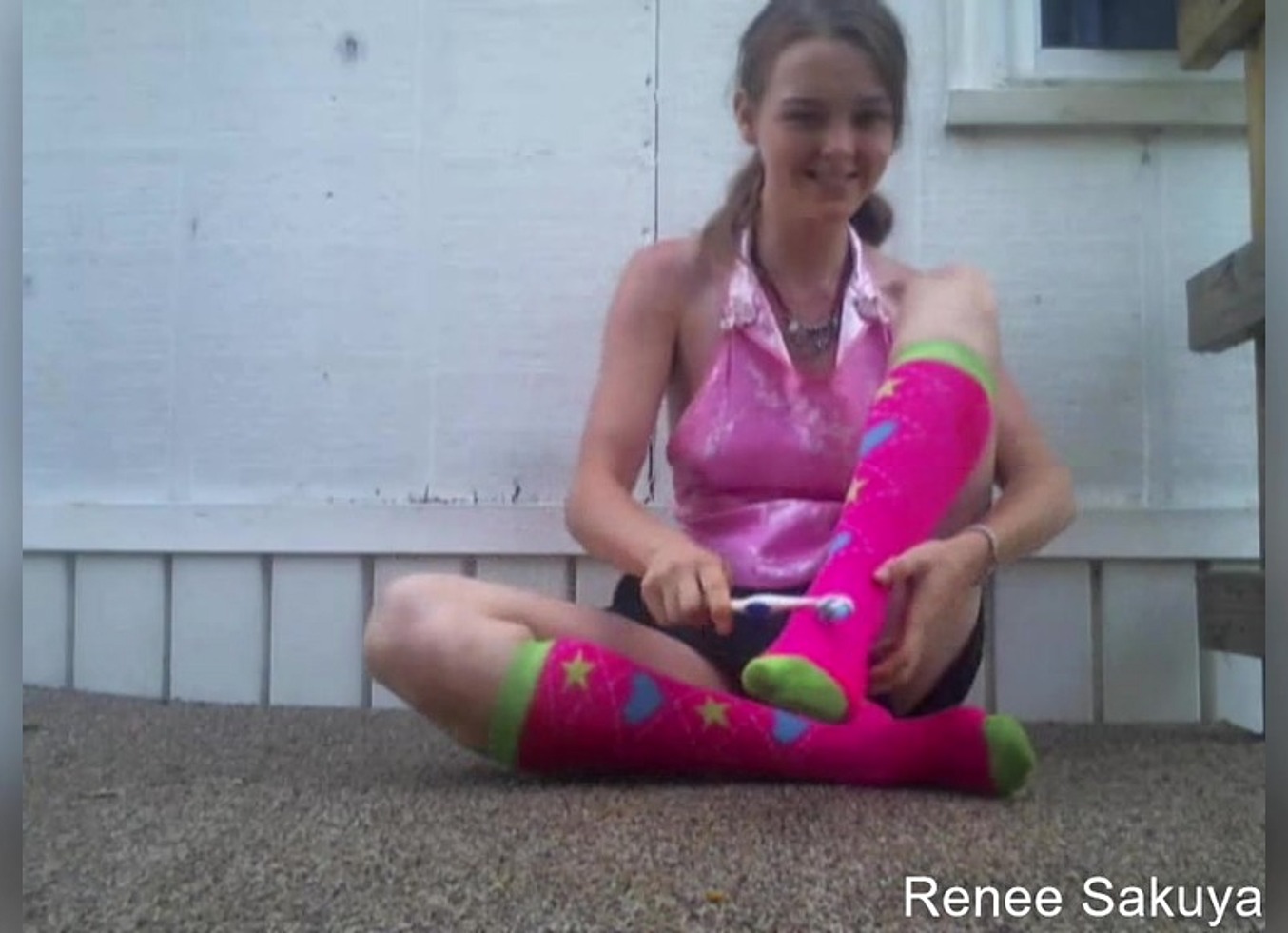 Tickling With A Tooth Brush Outside In Knee Socks