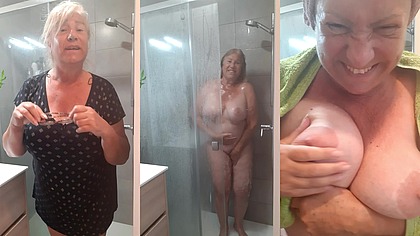 Fina takes a shower and there's hardly enough room because of her big breasts