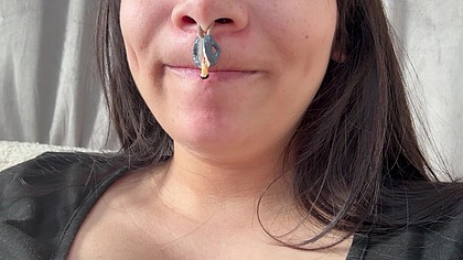 Giantess girl puts her tiny husband on her nose and he lies there like a piece of snot, then she starts licking it and puts it to her earlobe because it's so funny that she puts her tiny husband where