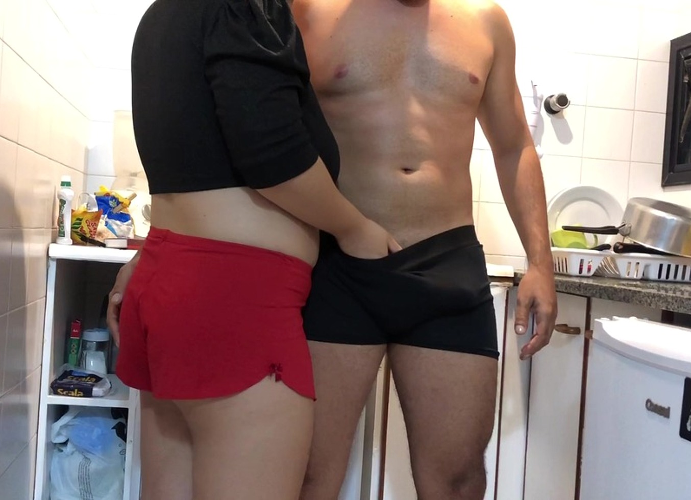 In The Kitchen, They Secretly Cuddle, Laughing At Each Other's Inside Jokes While Trying To Keep Their Attraction A Secret Dryhumping - Free Wv