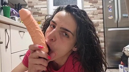 Jojofit -Sucking and fucking my dildo in the kitchen
