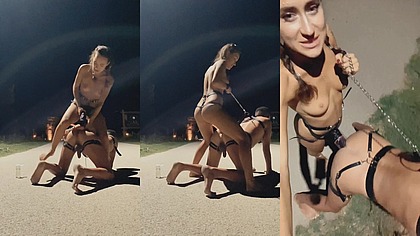 Hardcore Straps On Pegging Moaning Guy Femboy on a leash from Teen Girl with Huge Dildo Public Outdoors, Femdom