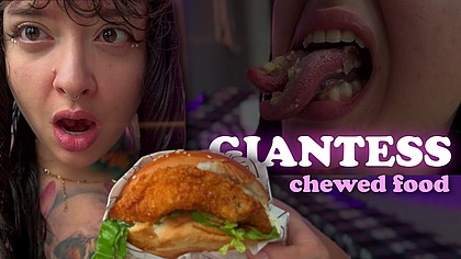 Hungry giantess chews his food and burps, then devours you. Vore