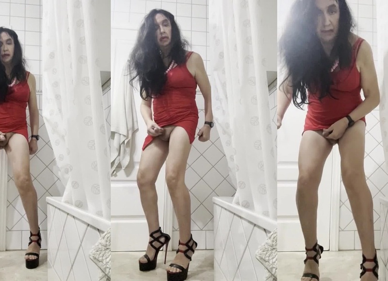 Daniela Monroe TV, Bathroom, Sexy Red Dress and Colorful Platform High Heels, Masturbation, Anal