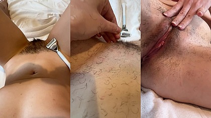POV Shaving a very hairy pussy. Rubbing pubic hair on my belly. View of pussy and tits from the mirror. Full Bush