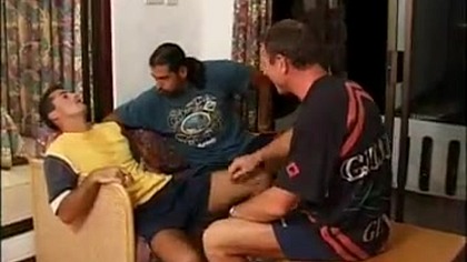 Kristina Gives Two Guys a Blowjob and Handjob While Riding a Fat Dick