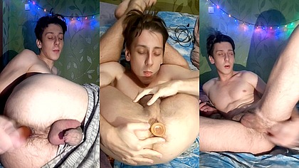 Sexy hot boy with a big cuck fucks his prolapse with a dildo in different positions