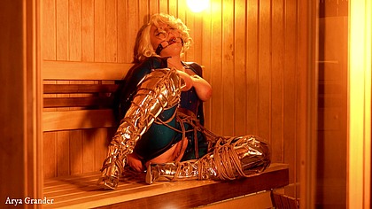 Bondage Escape: Latex Rubber horny MILF in gag (Arya Grander)