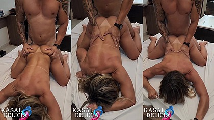 O safado tatuado colocou a casadinha de 4 e fudeu ela com forca e fez a putinha gozar varias vezes na frente do marido que estava filmando e so na punheta