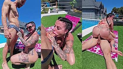 Madura tetona y tatuada seduce al chico limpia piscinas y este se la folla por el culo