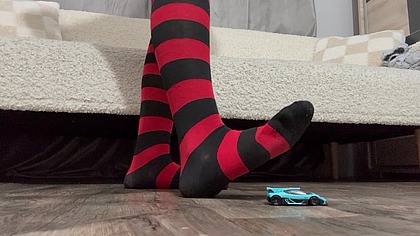 Giantess Stepsister Humiliates Tiny toy car, steps on it and masturbates while stomping on it, then plays with it, kicking the little toy car here and there