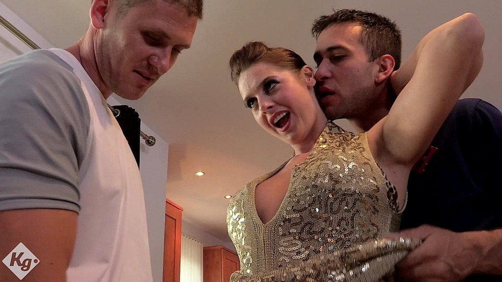 Wife slut lets two eager lads spit roast her