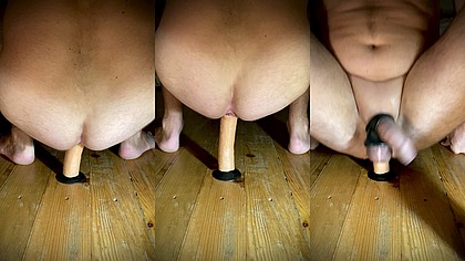 A lot of anal lube! His rear hole swallows a lubed dildo deliciously!