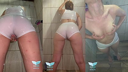 Sexy girl soaks through tight sportswear in the Wetlook shower
