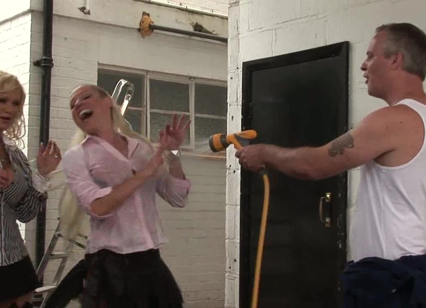 Sharon And Cindy Take Dick While Hosing Off