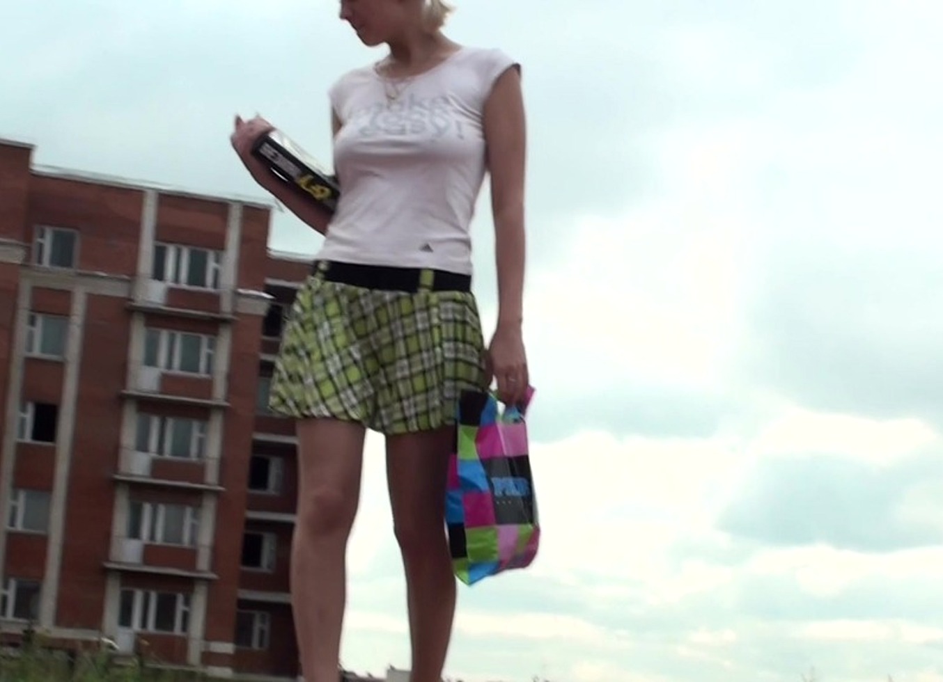 Blonde School Girl In Plaid Miniskirt Wearing Pantyhose No Panties On Spreading Legs On Bench