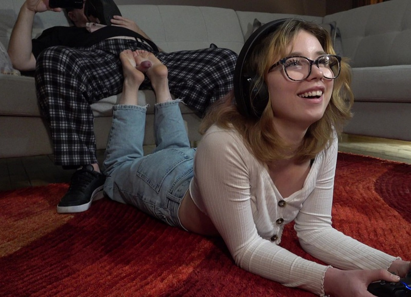 Bethany's Sneaky Gaming Footjob - Dreamgirls In Socks