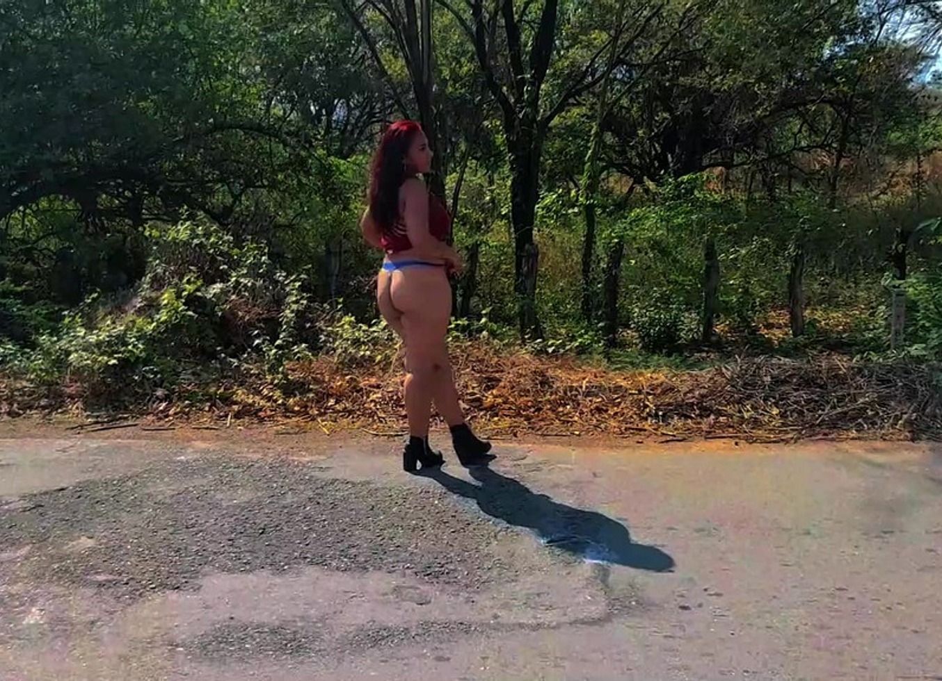 Latin Slut Showing Off On The Public Highway. Natural Tits Outdoors In A Funny Amateur Exhibitionism