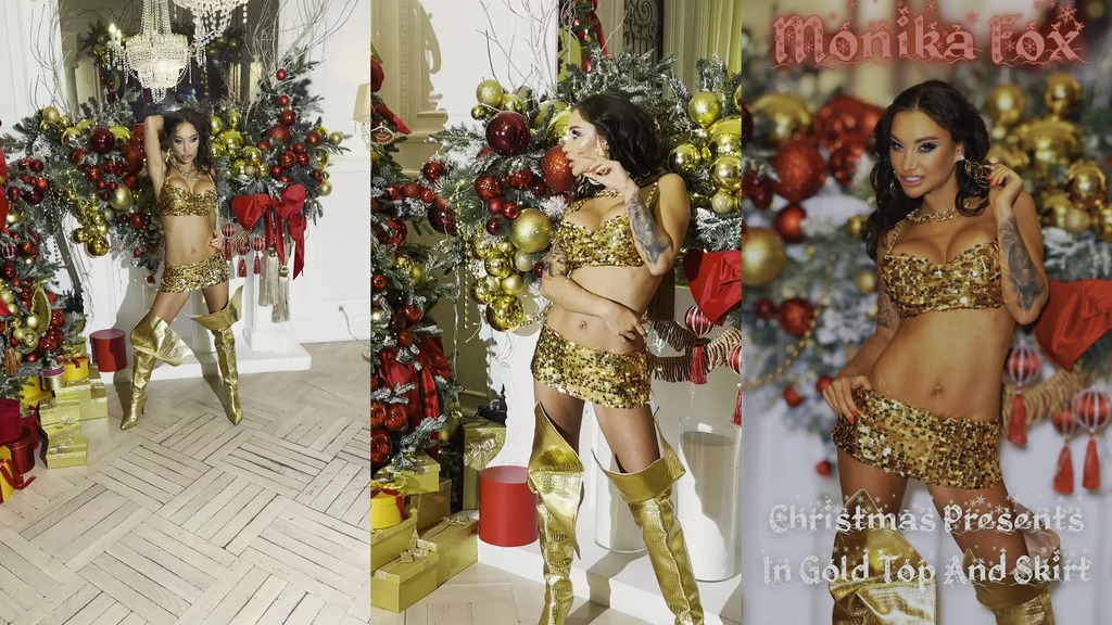 monika fox christmas presents in gold top and skirt (Monika Fox)