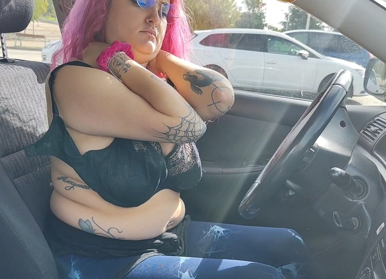 Car Pedal Pumping Fetish Big Tits Top Less High Heels