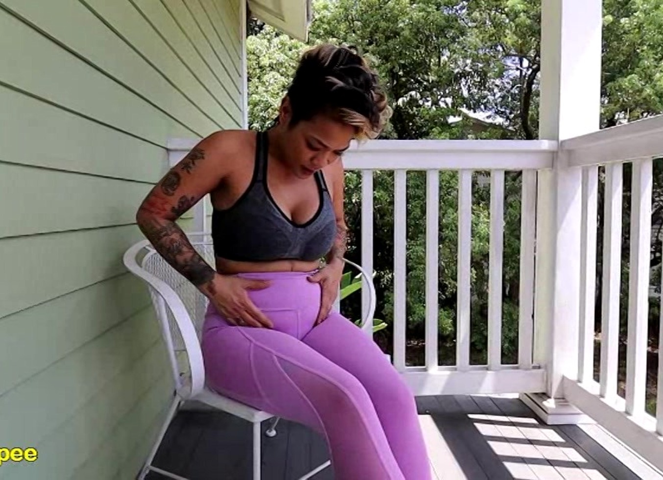 Loosey Lu Wetting Pink Yoga Pants On Balcony
