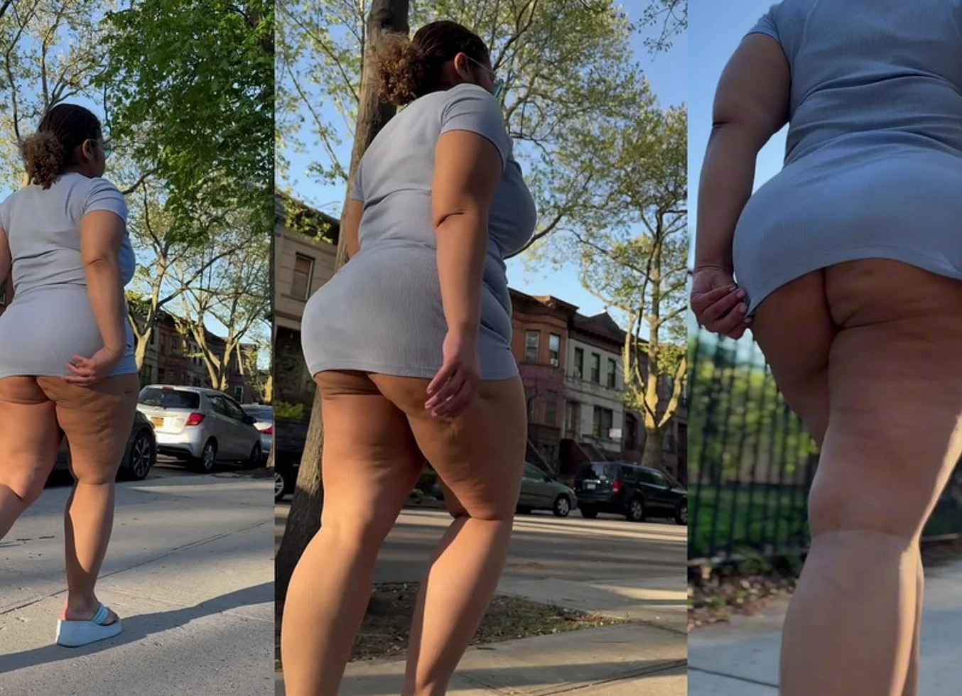 Puerto Rican Boricua Mami With Thick Legs And Natural Fat Ass Big Booty Walking With A Switch In Slow Motion Wearing A Mini Skirt And High Heel Wedge Platform Flip Flops